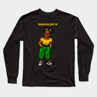 Jamaican girl 3 with colours of Jamaican flag in black green and gold inside a heart shape Long Sleeve T-Shirt